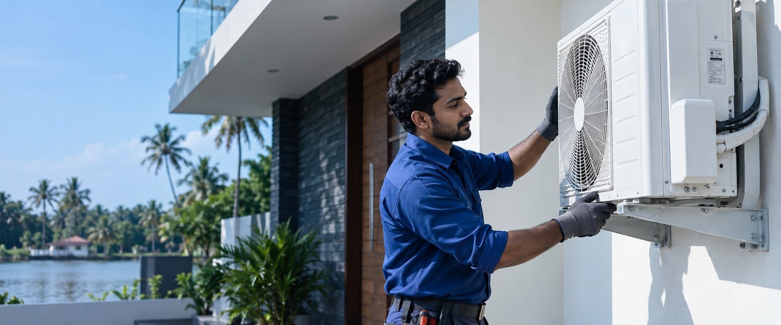 Technician servicing an outdoor air conditioner at a Kerala home